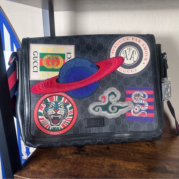 Gucci Black Supreme Messenger Bag Patchwork Design